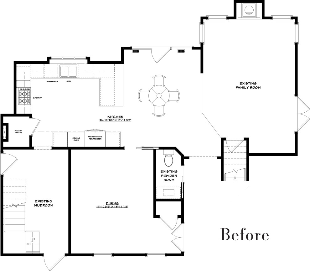 Inspiration for a large transitional l-shaped medium tone wood floor and brown floor eat-in kitchen remodel in Chicago with an undermount sink, flat-panel cabinets, white cabinets, solid surface countertops, white backsplash, marble backsplash, paneled appliances, an island and black countertops