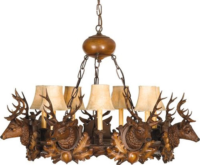 Chandelier Lodge 7 Small Stag Head Deer 7-Light Chocolate Brown Cast