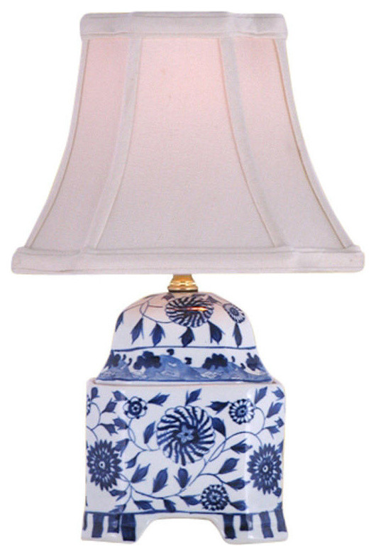 Blue and White Square Floral Porcelain Vase Table Lamp 15.5