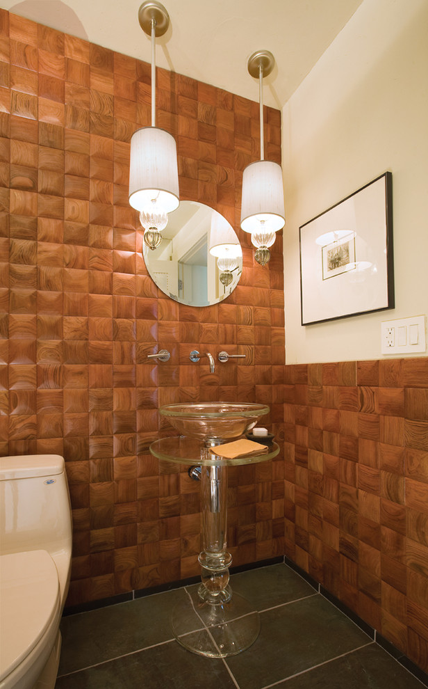 Photo of a traditional powder room in Denver with a vessel sink.