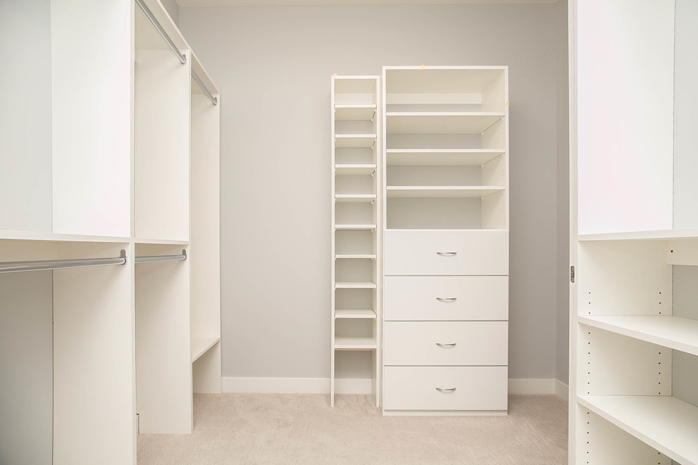 Inspiration for a contemporary gender-neutral walk-in wardrobe in Minneapolis with flat-panel cabinets, white cabinets and carpet.