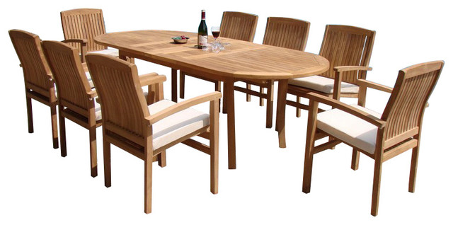 TeakStation 8 Seater Grade-A Teak Wood 9pc Dining Set 94 Rectangle Table and 8 Hari Stacking Arm Chairs #TSDSHR7 