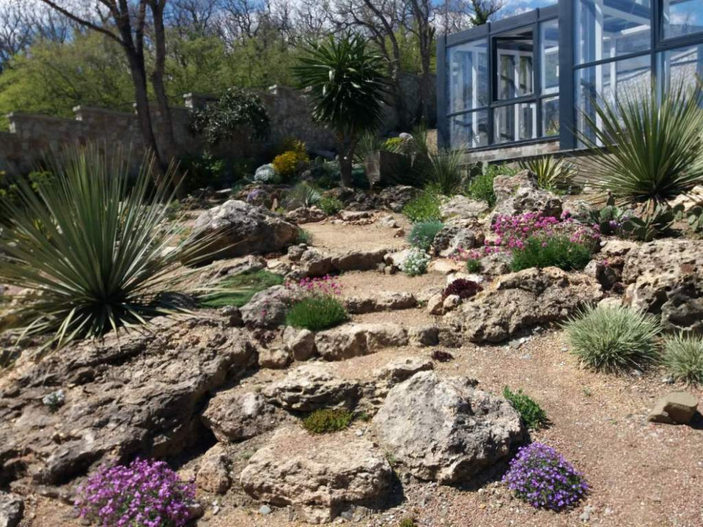 Immagine di un grande giardino xeriscape mediterraneo esposto in pieno sole in estate con sassi e rocce, un pendio, una collina o una riva e recinzione in pietra