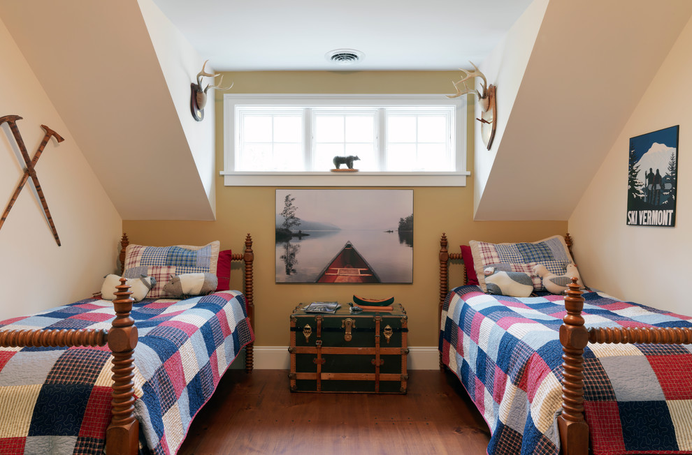 Rustic Boy's Bedroom in Federal Farmhouse - Rustic boy's room with antique spindle beds and trunk. The wide plank pine floors are fastened with cut nails.