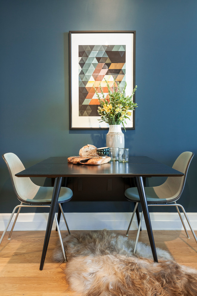 This is an example of a small contemporary dining room in New York with blue walls and light hardwood floors.