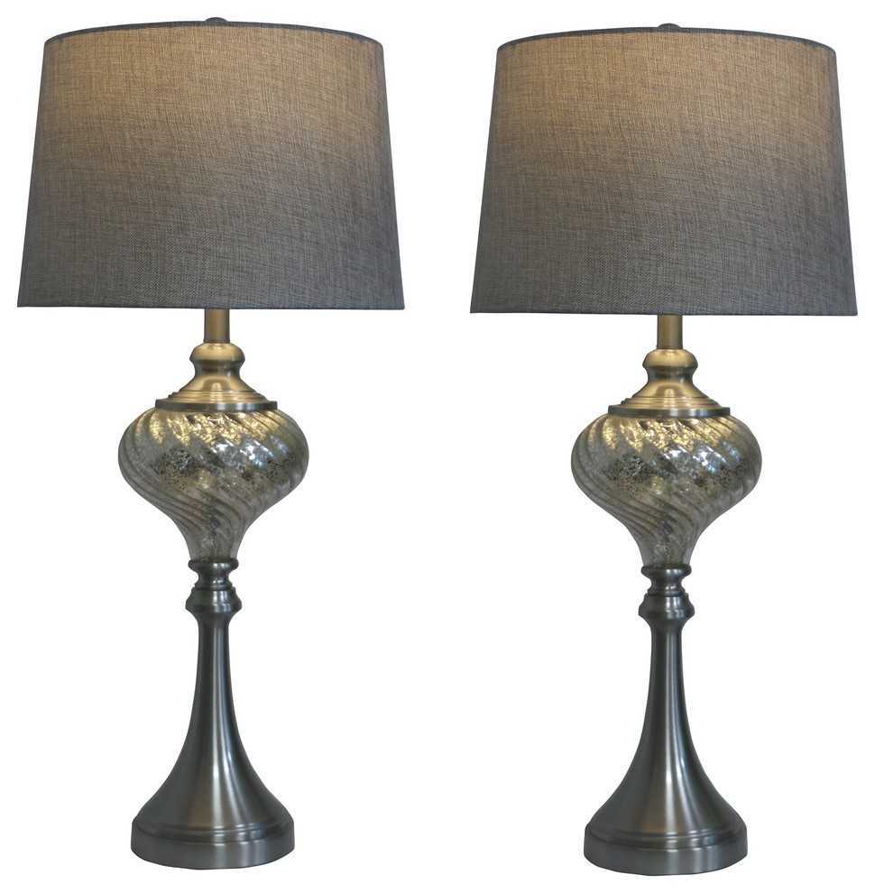 Fangio Lighting's 1594 Pair of 30" Brushed Steel/Mercury Glass Font Table Lamps