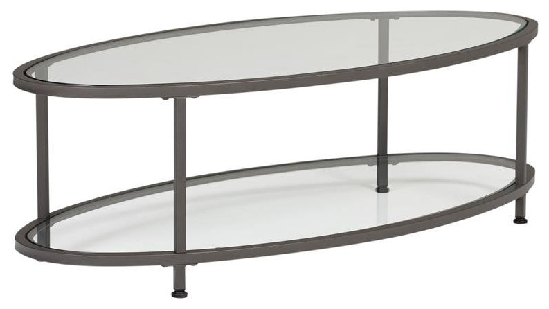 Studio Designs Home Camber 48" Oval Modern 2-Tier Metal Coffee Table in Pewter