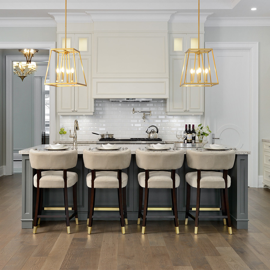 Open concept kitchen - large transitional u-shaped beige floor, medium tone wood floor and vaulted ceiling open concept kitchen idea with an undermount sink, quartz countertops, white backsplash, subway tile backsplash, paneled appliances, an island, beige countertops, beige cabinets and raised-panel cabinets