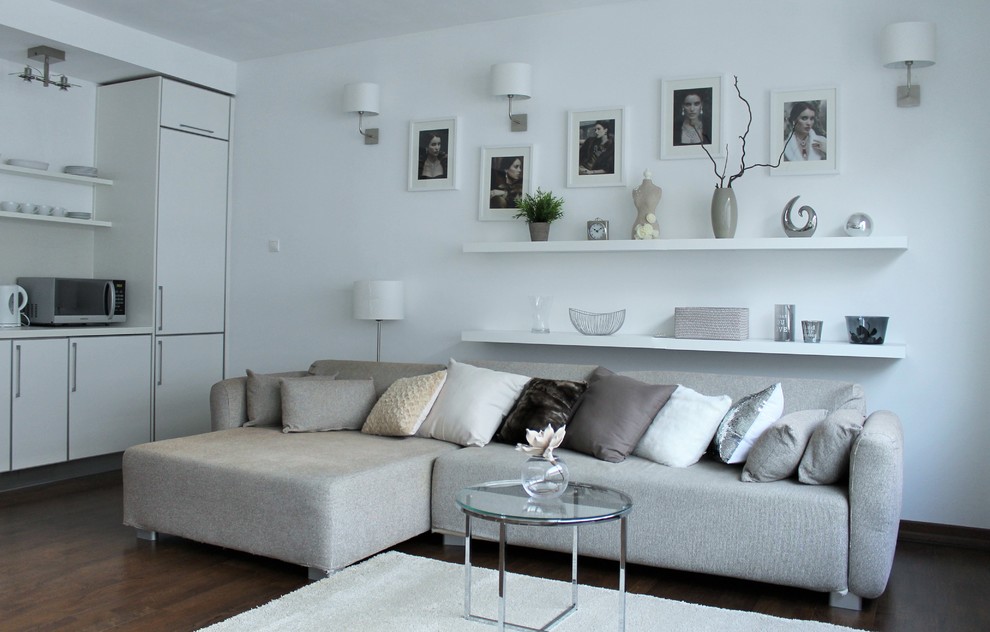 Inspiration for a small modern living room in Other with white walls and dark hardwood floors.
