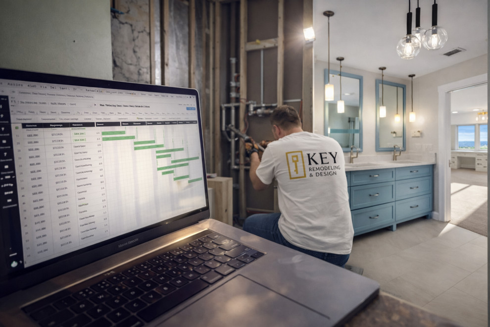 Bathroom remodel in progress, hands-on craftsmanship paired with real-time project planning by Key Remodeling & Design.