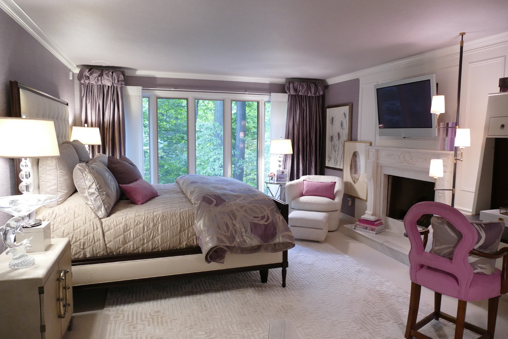 Inspiration for a mid-sized transitional master bedroom in New York with purple walls, carpet, a standard fireplace and a stone fireplace surround.