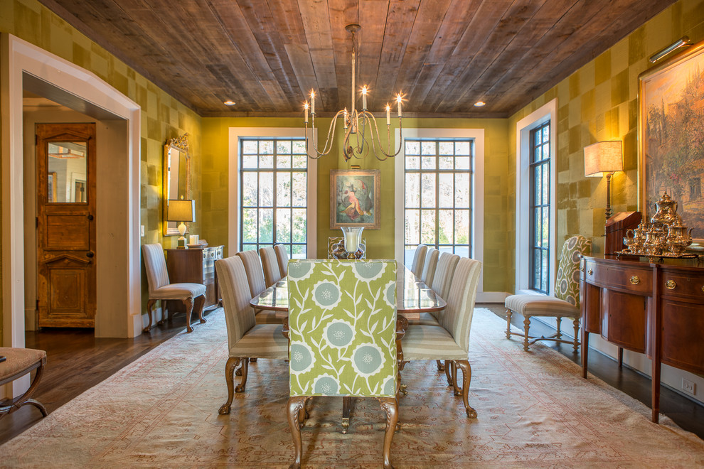 Inspiration for a country separate dining room in Atlanta with green walls, dark hardwood floors and brown floor.