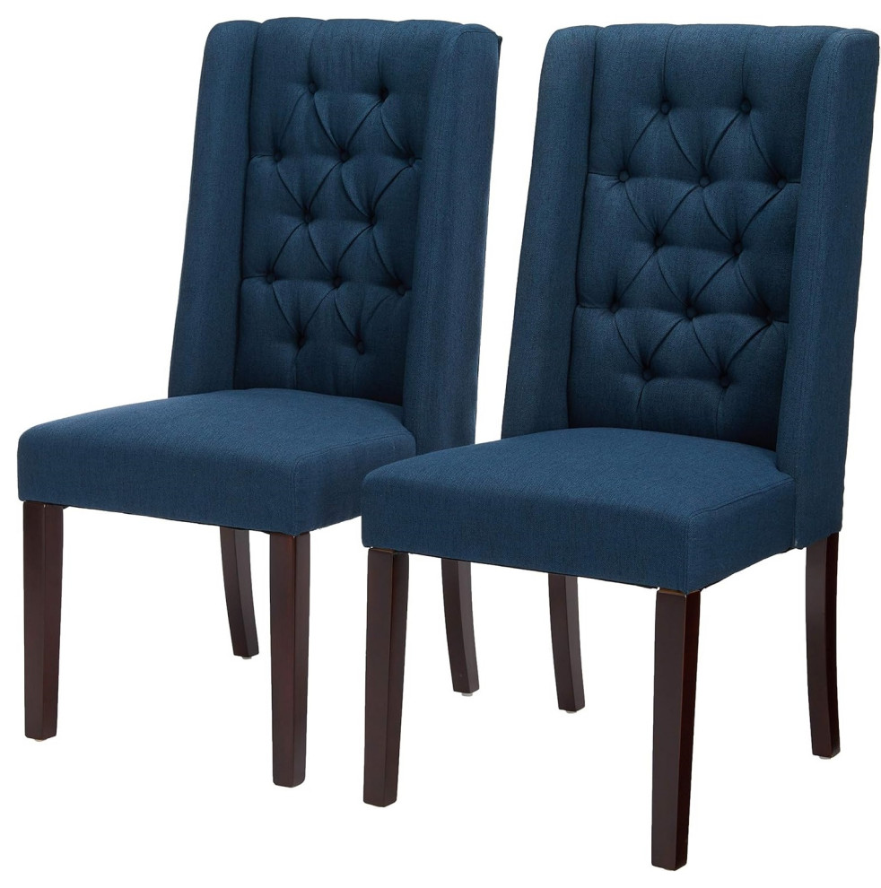 Navy Blue Dining Chairs, Set of 2, Wooden Legs, Diamond Tufted Back ...