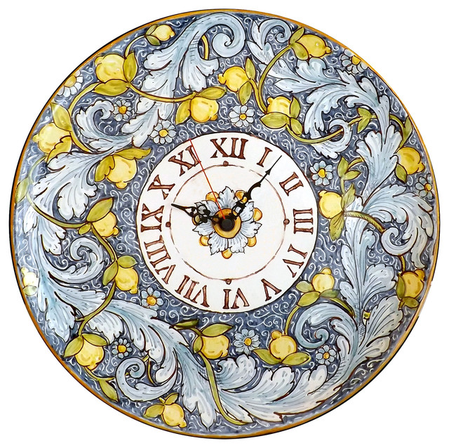 Ceramic Wall Clock, Blue With Lemon Accents Mediterranean Wall
