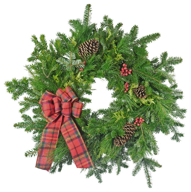 Garden Elements Fresh Christmas Frasier Fir Wreath With Bow, Red Plaid