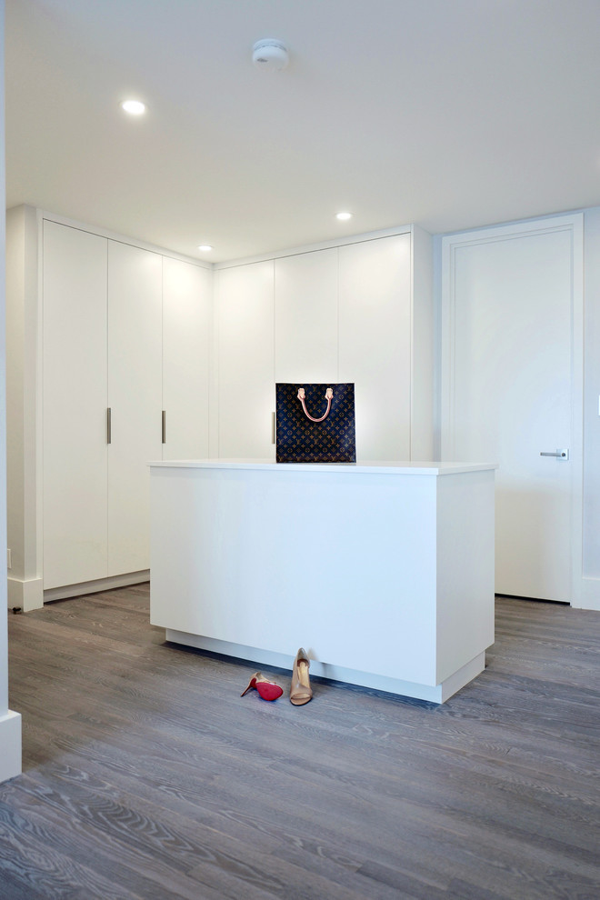 This is an example of a large modern storage and wardrobe in Boston with flat-panel cabinets, white cabinets, light hardwood floors and grey floor.