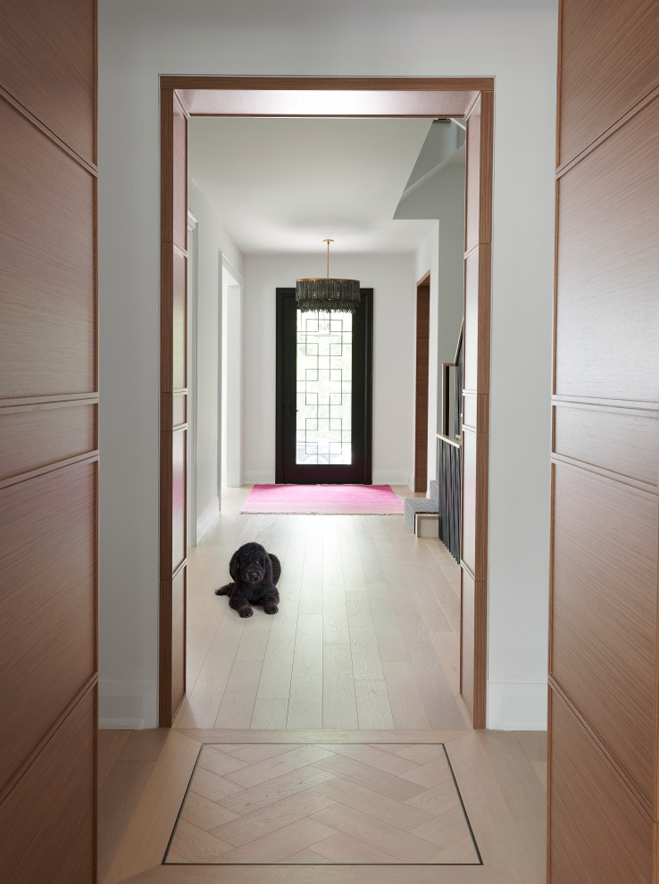 Medium sized contemporary hallway in Toronto with white walls, light hardwood flooring, a single front door, a black front door and panelled walls.