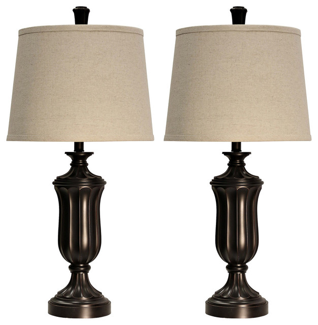 Table Lamp, Bronze Wood Finish, Beige Hardback Fabric Shade, Set of 2