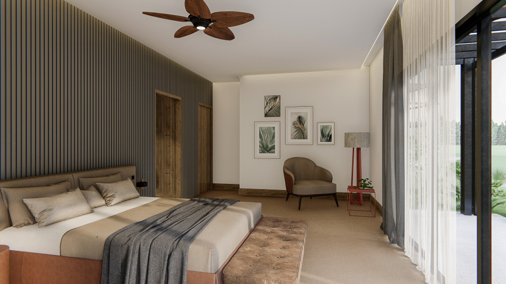 Imagen de dormitorio de estilo de casa de campo grande con paredes grises, suelo de madera en tonos medios, suelo marrón y boiserie