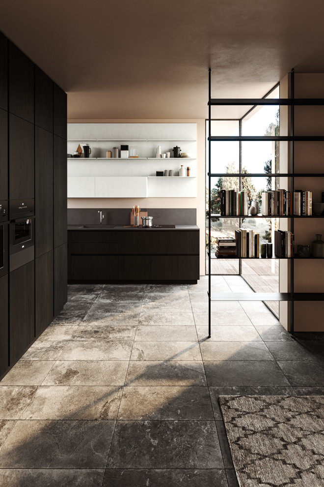 Kitchen pantry - large modern u-shaped marble floor and gray floor kitchen pantry idea in Los Angeles with an integrated sink, flat-panel cabinets, black cabinets, solid surface countertops, black backsplash, porcelain backsplash, stainless steel appliances and gray countertops