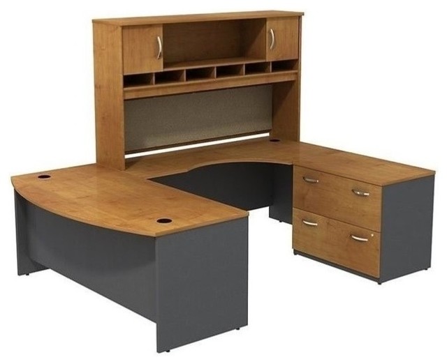Pemberly Row 72 Right U Shaped Desk With Hutch In Natural Cherry