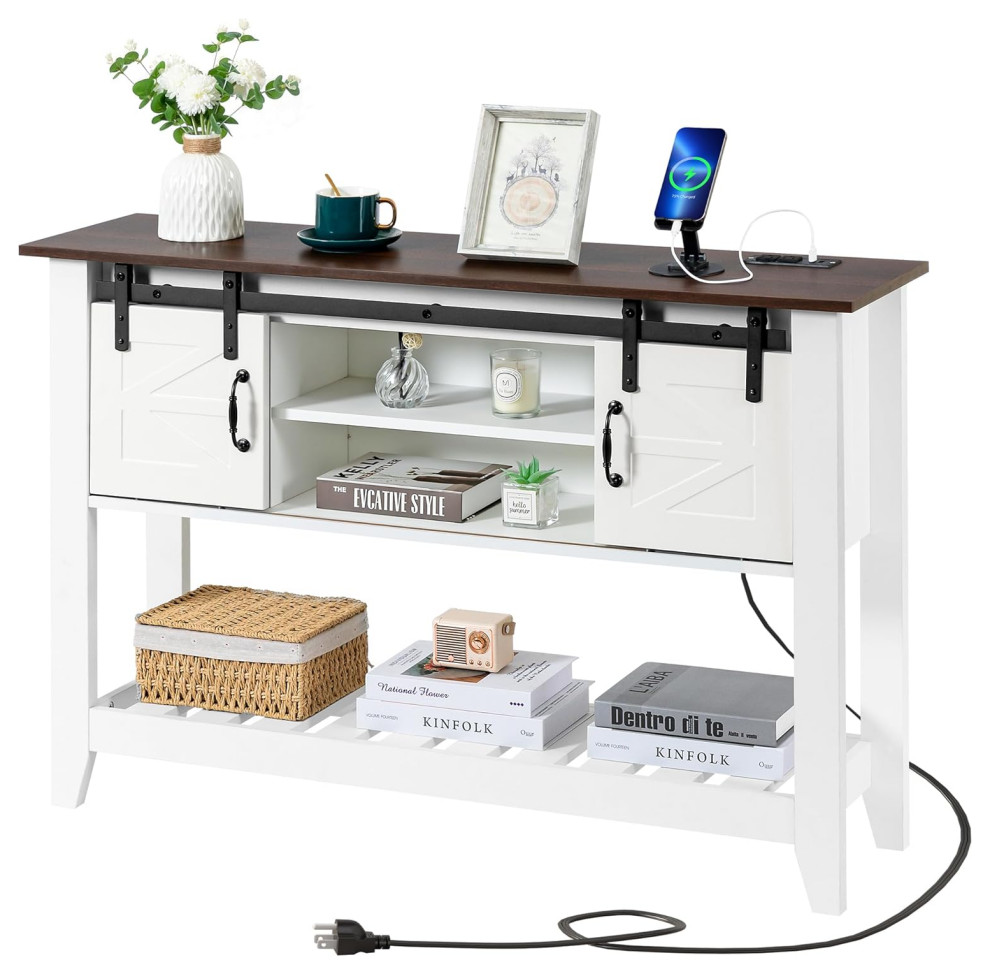 Farmhouse Console Table, Sliding Doors & Large Top With USB Ports ...