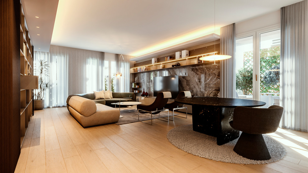 Großes, Offenes Modernes Wohnzimmer mit Hausbar, bunten Wänden, gebeiztem Holzboden, Multimediawand, beigem Boden, eingelassener Decke und Wandpaneelen in Mailand