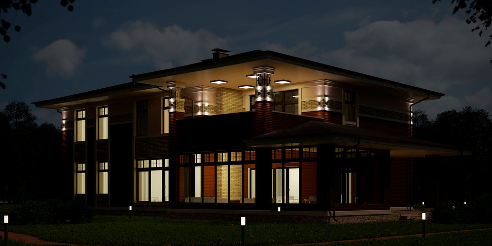 Загородный дом в стиле Райта. Ночной вид