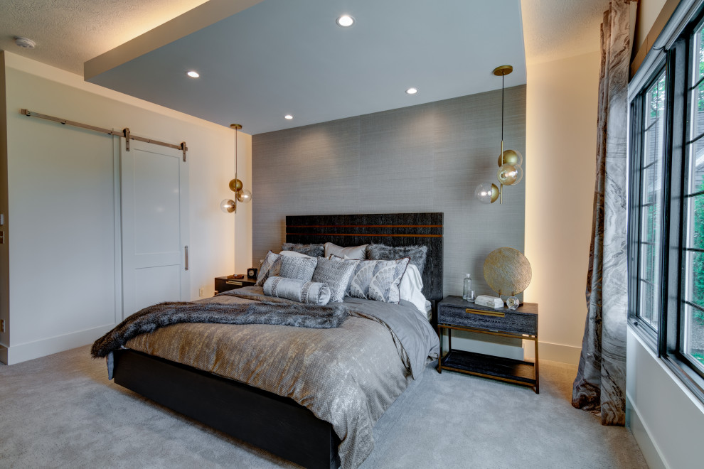 Mid-sized contemporary master bedroom in Indianapolis with white walls, carpet and grey floor.