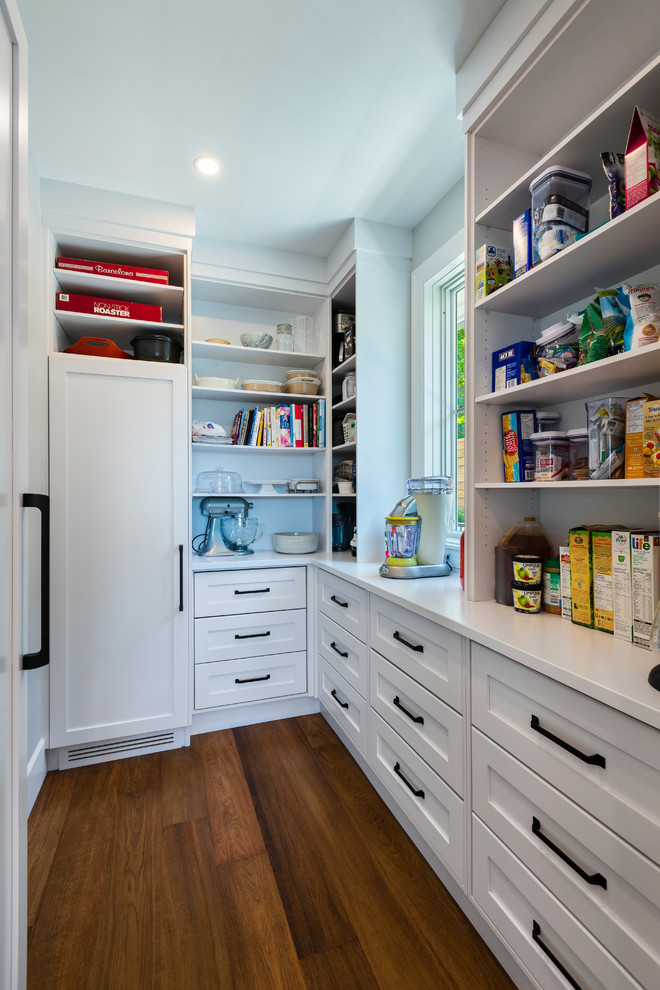 Photo of a transitional l-shaped kitchen pantry in Vancouver with open cabinets, white cabinets, panelled appliances and dark hardwood floors.