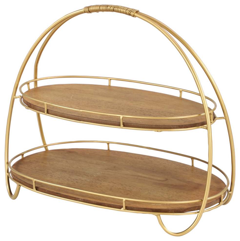 Tall Gold and Wood 2Tier Oval Serving Tray Stand With Arched Top and