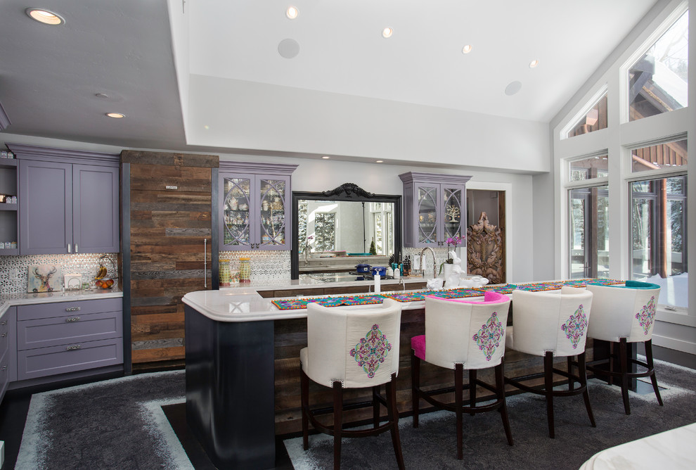 Inspiration for an expansive galley eat-in kitchen in Salt Lake City with an undermount sink, flat-panel cabinets, purple cabinets, marble benchtops, metallic splashback, mosaic tile splashback, carpet, multiple islands, grey floor and white benchtop.