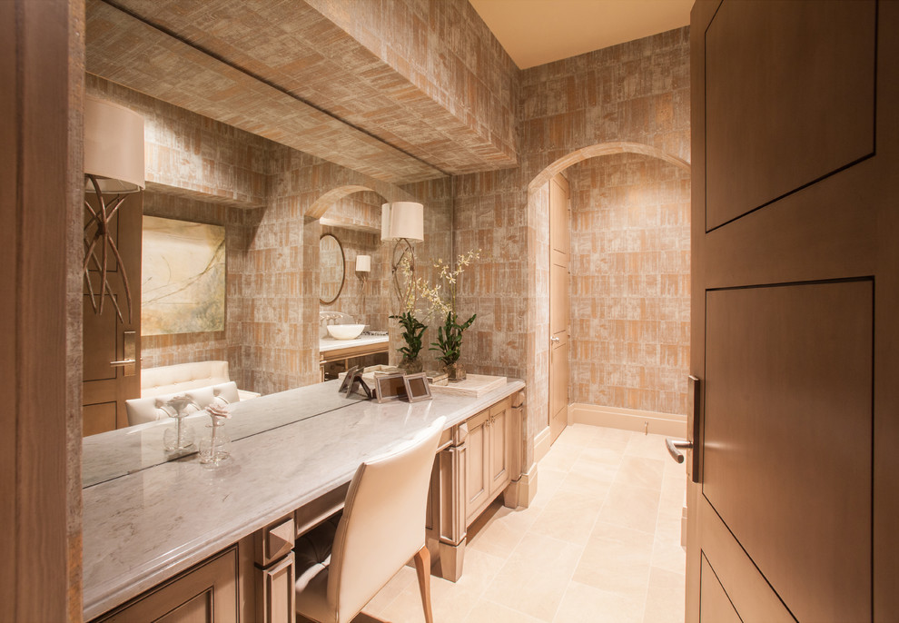 Design ideas for an expansive transitional powder room in Houston with a vessel sink, recessed-panel cabinets, beige cabinets, quartzite benchtops, a two-piece toilet, beige tile, stone tile, multi-coloured walls and limestone floors.