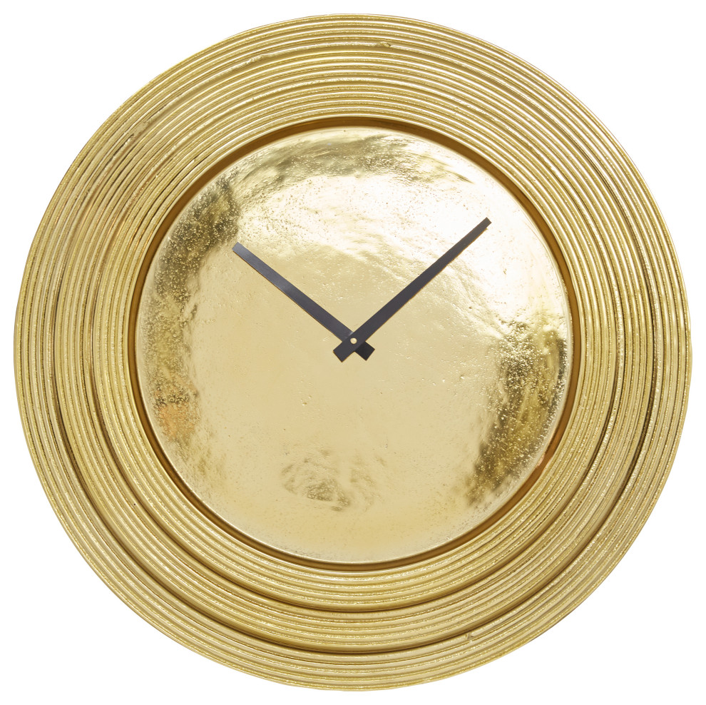 Round Gold Aluminum Layered Rim Wall Clock, 24" X 24" Contemporary