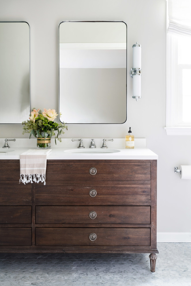Alcove shower - small traditional master white tile and porcelain tile marble floor and gray floor alcove shower idea in Other with furniture-like cabinets, dark wood cabinets, a one-piece toilet, quartz countertops, a hinged shower door and a console sink