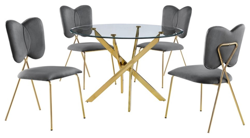 Round 45" x 45" 5pc Clear Glass Set with Dark Gray Chairs