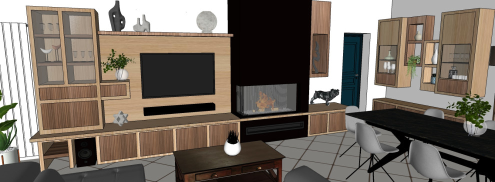 Cette image montre un grand salon design avec un manteau de cheminée en bois et un téléviseur fixé au mur.