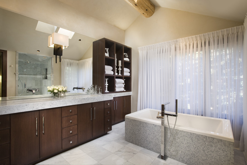 Contemporary bathroom in Denver with a freestanding tub.