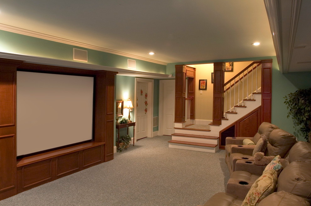 Inspiration for a large country walk-out basement in Atlanta with green walls, carpet and no fireplace.