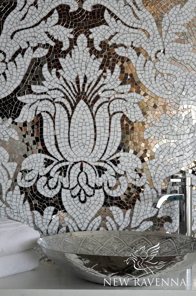 Inspiration for a transitional mosaic tile home design remodel with a vessel sink and marble countertops