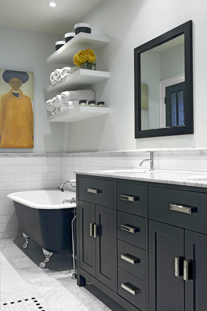 Inspiration for a mid-sized transitional master bathroom in Toronto with a claw-foot tub, mosaic tile, green cabinets, an alcove shower, white tile, grey walls, marble floors, an undermount sink, marble benchtops and shaker cabinets.