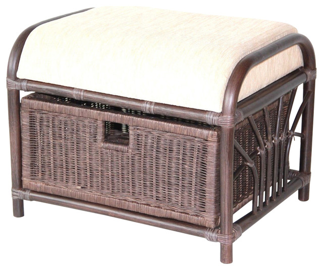 Ottoman Footstool HandmadeNatural Rattan Wicker w/Basket w/ Cream