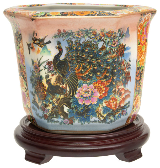 10" Satsuma Ladies and Peacock Porcelain Flower Pot Asian Indoor