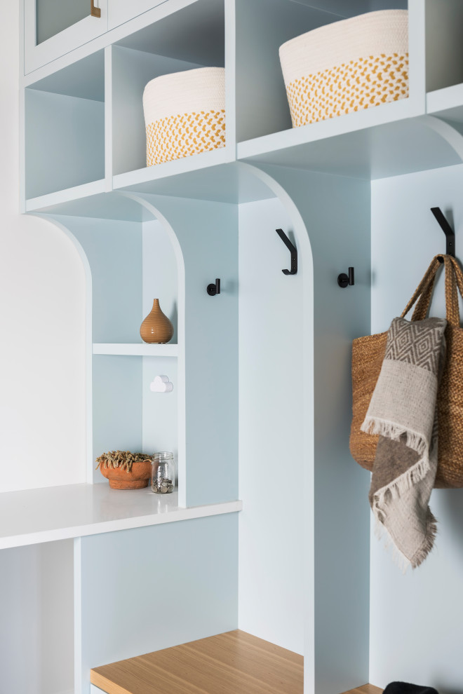 Mudroom - transitional multicolored floor mudroom idea with white walls