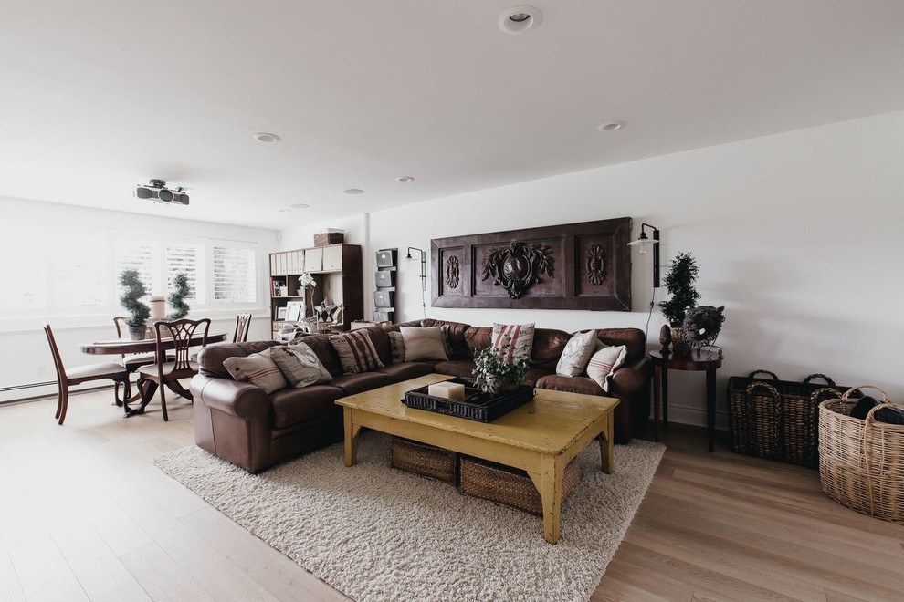 Inspiration for a mid-sized rustic open concept light wood floor family room remodel in Vancouver with white walls