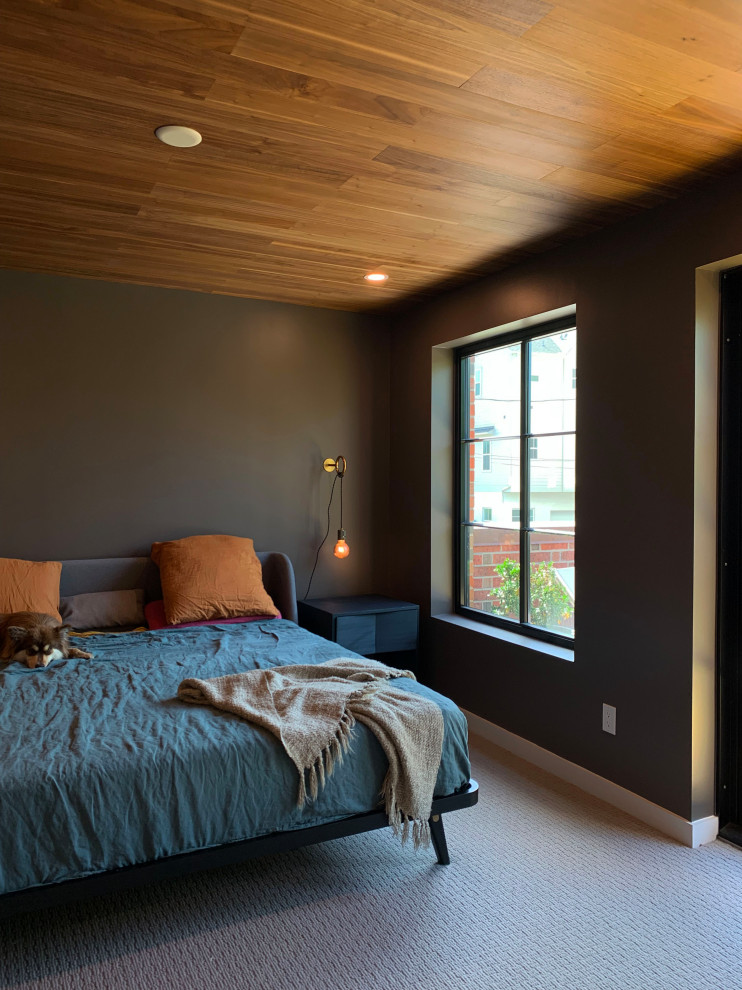 ヒューストンにある小さなインダストリアルスタイルのおしゃれな主寝室 (グレーの壁、カーペット敷き、グレーの床、板張り天井) のインテリア