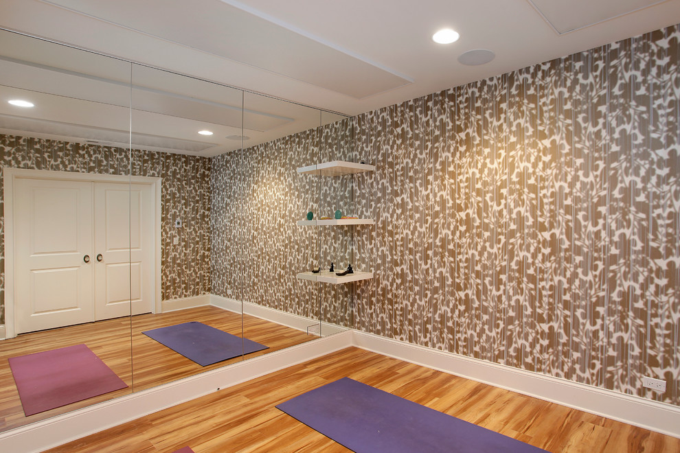 Photo of a transitional home yoga studio in Chicago.
