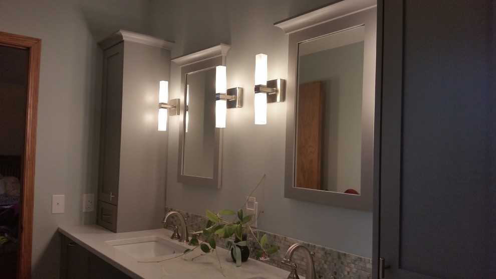 Example of a large transitional master multicolored tile and porcelain tile bathroom design with flat-panel cabinets, gray cabinets, blue walls, an undermount sink and quartz countertops