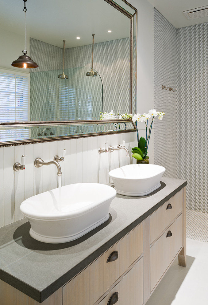 Traditional bathroom in Melbourne with a vessel sink and a double vanity.