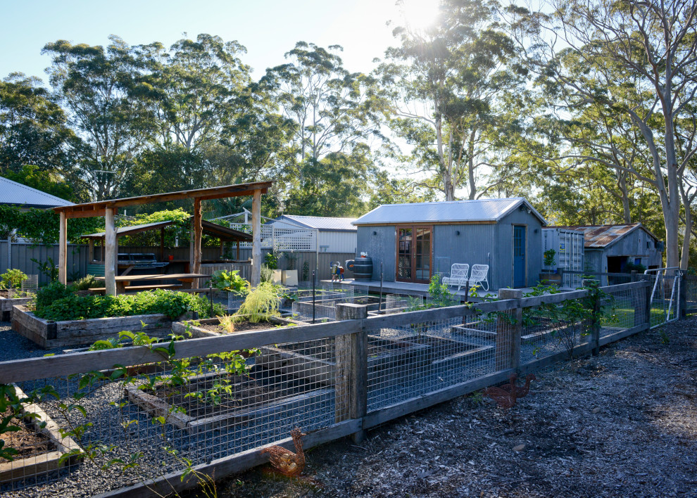 This is an example of a large and australian native country backyard partial sun garden for spring in Central Coast with a vegetable garden, gravel and a wood fence.